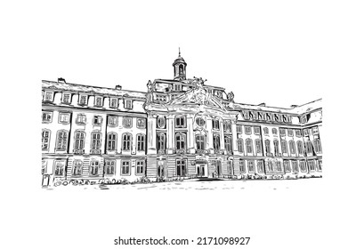 Building view with landmark of Munster is a city in western Germany. Hand drawn sketch illustration in vector.