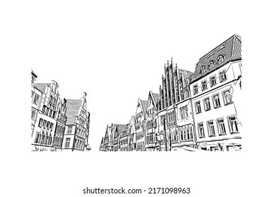 Building view with landmark of Munster is a city in western Germany. Hand drawn sketch illustration in vector.