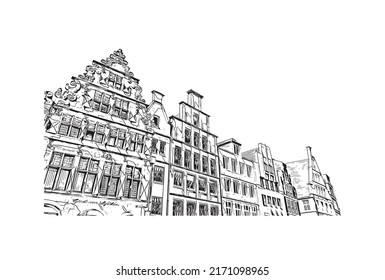 Building view with landmark of Munster is a city in western Germany. Hand drawn sketch illustration in vector.