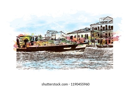 Building view with landmark of Murano Island in Venice, Italy. Watercolor splash with Hand drawn sketch illustration in vector.