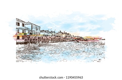 Building view with landmark of Murano Island in Venice, Italy. Watercolor splash with Hand drawn sketch illustration in vector.