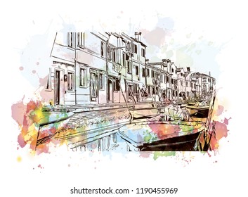 Building view with landmark of Murano Island in Venice, Italy. Watercolor splash with Hand drawn sketch illustration in vector.