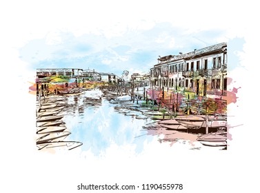 Building view with landmark of Murano Island in Venice, Italy. Watercolor splash with Hand drawn sketch illustration in vector.