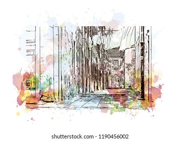 Building view with landmark of Murano Island in Venice, Italy. Watercolor splash with Hand drawn sketch illustration in vector.