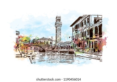 Building view with landmark of Murano Island in Venice, Italy. Watercolor splash with Hand drawn sketch illustration in vector.