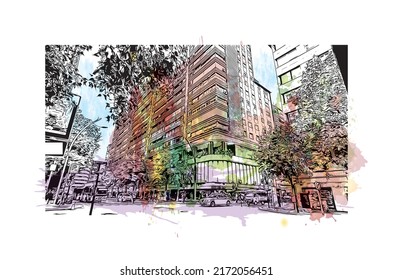 Building view with landmark of Murcia is the 
city in Spain. Watercolor splash with hand drawn sketch illustration in vector.