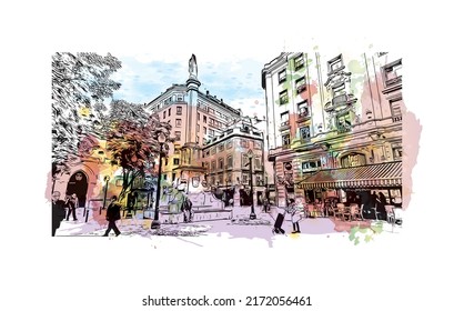 Bausicht mit Wahrzeichen von Murcia ist der 
Stadt in Spanien. Aquarellspritzer mit handgezeichneter Skizzengrafik in Vektorgrafik.