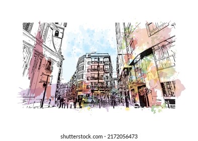 Building view with landmark of Murcia is the 
city in Spain. Watercolor splash with hand drawn sketch illustration in vector.