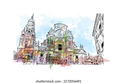 Bausicht mit Wahrzeichen von Murcia ist der 
Stadt in Spanien. Aquarellspritzer mit handgezeichneter Skizzengrafik in Vektorgrafik.