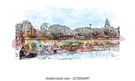 Bausicht mit Wahrzeichen von Murcia ist der 
Stadt in Spanien. Aquarellspritzer mit handgezeichneter Skizzengrafik in Vektorgrafik.