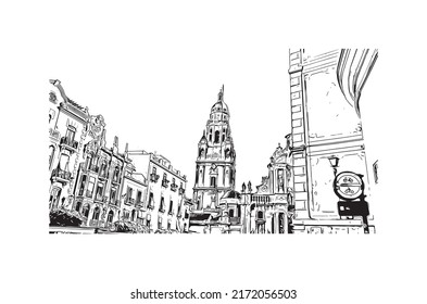Building view with landmark of Murcia is the 
city in Spain. Hand drawn sketch illustration in vector.