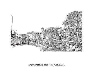 Building view with landmark of Murcia is the 
city in Spain. Hand drawn sketch illustration in vector.