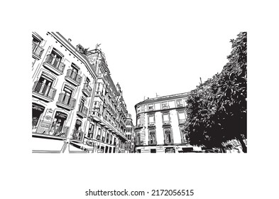 Building view with landmark of Murcia is the 
city in Spain. Hand drawn sketch illustration in vector.
