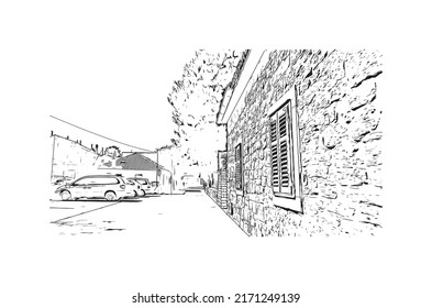 Building view with landmark of Murter is the 
Island in Croatia. Hand drawn sketch illustration in vector.