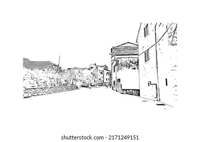 Building view with landmark of Murter is the 
Island in Croatia. Hand drawn sketch illustration in vector.