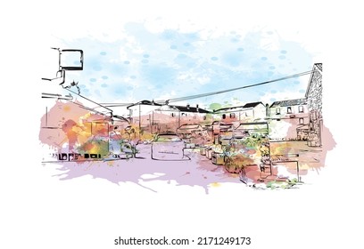Building view with landmark of Murter is the 
Island in Croatia. Watercolor splash with hand drawn sketch illustration in vector.