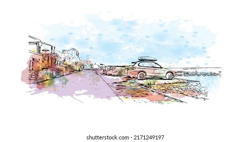 Building view with landmark of Murter is the 
Island in Croatia. Watercolor splash with hand drawn sketch illustration in vector.