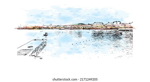 Building view with landmark of Murter is the 
Island in Croatia. Watercolor splash with hand drawn sketch illustration in vector.