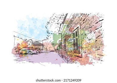 Building view with landmark of Murter is the 
Island in Croatia. Watercolor splash with hand drawn sketch illustration in vector.