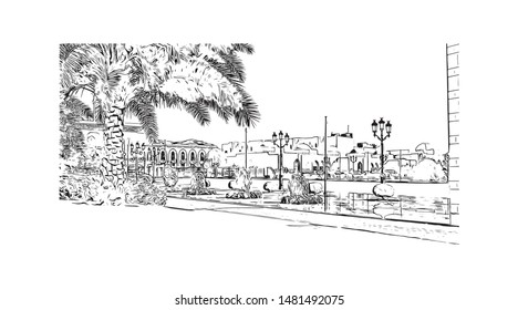 Building view with landmark of Muscat, Oman’s port capital, sits on the Gulf of Oman surrounded by mountains and desert. Hand drawn sketch illustration in vector.