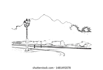 Building view with landmark of Muscat, Oman’s port capital, sits on the Gulf of Oman surrounded by mountains and desert. Hand drawn sketch illustration in vector.