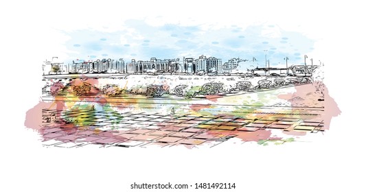 Building view with landmark of Muscat, Oman’s port capital, sits on the Gulf of Oman surrounded by mountains and desert. Watercolor splash with Hand drawn sketch illustration in vector.