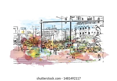 Building view with landmark of Muscat, Oman’s port capital, sits on the Gulf of Oman surrounded by mountains and desert. Watercolor splash with Hand drawn sketch illustration in vector.
