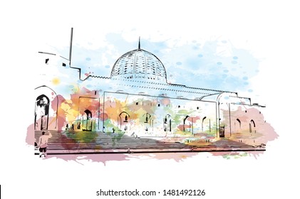 Building view with landmark of Muscat, Oman’s port capital, sits on the Gulf of Oman surrounded by mountains and desert. Watercolor splash with Hand drawn sketch illustration in vector.