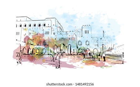 Building view with landmark of Muscat, Oman’s port capital, sits on the Gulf of Oman surrounded by mountains and desert. Watercolor splash with Hand drawn sketch illustration in vector.