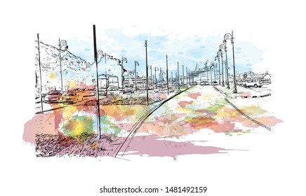Building view with landmark of Muscat, Oman’s port capital, sits on the Gulf of Oman surrounded by mountains and desert. Watercolor splash with Hand drawn sketch illustration in vector.