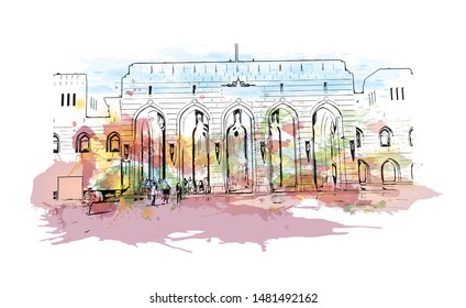 Building view with landmark of Muscat, Oman’s port capital, sits on the Gulf of Oman surrounded by mountains and desert. Watercolor splash with Hand drawn sketch illustration in vector.