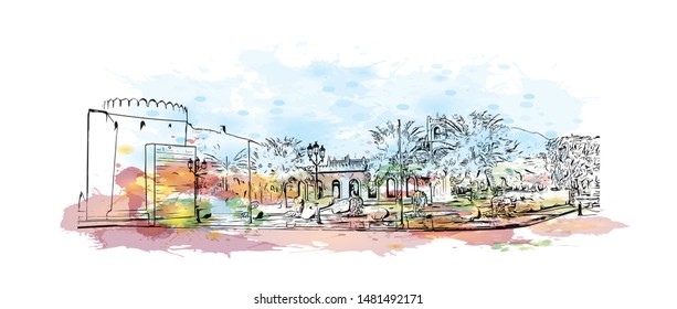 Building view with landmark of Muscat, Oman’s port capital, sits on the Gulf of Oman surrounded by mountains and desert. Watercolor splash with Hand drawn sketch illustration in vector.