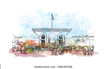 Building view with landmark of Muscat, Oman’s port capital, sits on the Gulf of Oman surrounded by mountains and desert. Watercolor splash with Hand drawn sketch illustration in vector.