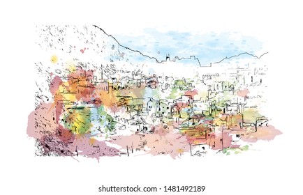 Building view with landmark of Muscat, Oman’s port capital, sits on the Gulf of Oman surrounded by mountains and desert. Watercolor splash with Hand drawn sketch illustration in vector.