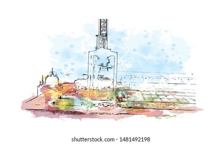 Building view with landmark of Muscat, Oman’s port capital, sits on the Gulf of Oman surrounded by mountains and desert. Watercolor splash with Hand drawn sketch illustration in vector.
