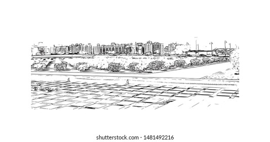 Building view with landmark of Muscat, Oman’s port capital, sits on the Gulf of Oman surrounded by mountains and desert. Hand drawn sketch illustration in vector.