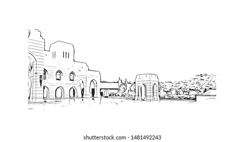 Building view with landmark of Muscat, Oman’s port capital, sits on the Gulf of Oman surrounded by mountains and desert. Hand drawn sketch illustration in vector.