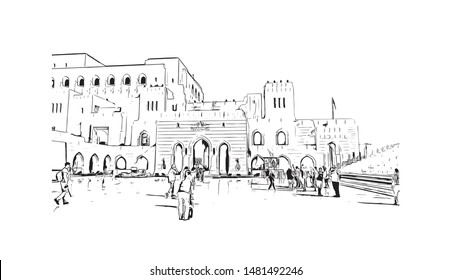 Building view with landmark of Muscat, Oman’s port capital, sits on the Gulf of Oman surrounded by mountains and desert. Hand drawn sketch illustration in vector.