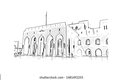 Building view with landmark of Muscat, Oman’s port capital, sits on the Gulf of Oman surrounded by mountains and desert. Hand drawn sketch illustration in vector.