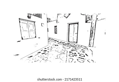 Building view with landmark of Mykonos is the 
island in Greece. Hand drawn sketch illustration in vector.