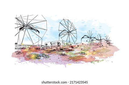 Der Ausblick auf das Gebäude mit Wahrzeichen Mykonos ist der 
Insel in Griechenland. Aquarellspritzer mit handgezeichneter Skizzengrafik in Vektorgrafik.