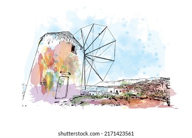 Der Ausblick auf das Gebäude mit Wahrzeichen Mykonos ist der 
Insel in Griechenland. Aquarellspritzer mit handgezeichneter Skizzengrafik in Vektorgrafik.