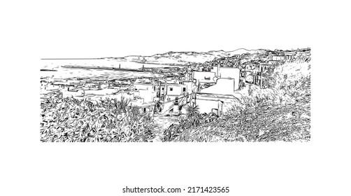 Building view with landmark of Mykonos is the 
island in Greece. Hand drawn sketch illustration in vector.