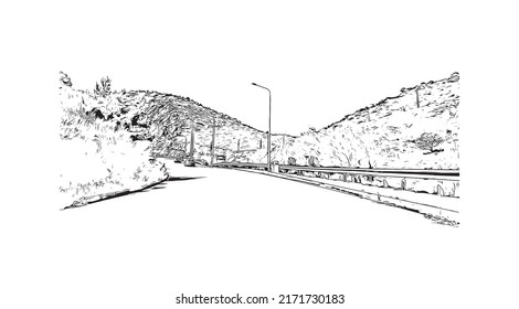 Building view with landmark of  Mytilene is the capital in Lesbos. Hand drawn sketch illustration in vector.