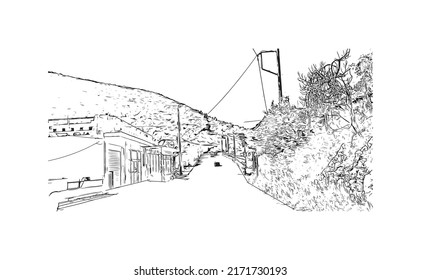 Building view with landmark of  Mytilene is the capital in Lesbos. Hand drawn sketch illustration in vector.