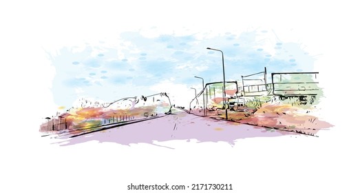 Building view with landmark of  Mytilene is the capital in Lesbos. Watercolor splash with hand drawn sketch illustration in vector.