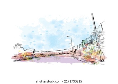 Building view with landmark of  Mytilene is the capital in Lesbos. Watercolor splash with hand drawn sketch illustration in vector.