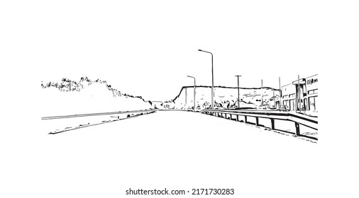 Building view with landmark of  Mytilene is the capital in Lesbos. Hand drawn sketch illustration in vector.