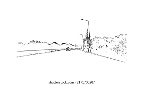Building view with landmark of  Mytilene is the capital in Lesbos. Hand drawn sketch illustration in vector.