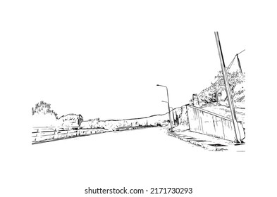 Building view with landmark of  Mytilene is the capital in Lesbos. Hand drawn sketch illustration in vector.